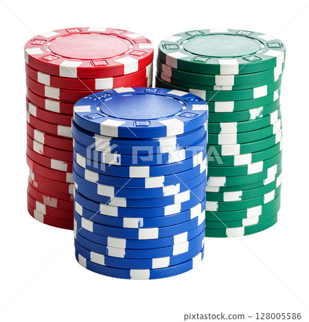A colorful stack of casino poker chips symbolizes the exciting gamble of a Las Vegas game, representing risk, chance, and the thrill of winning money 128005586