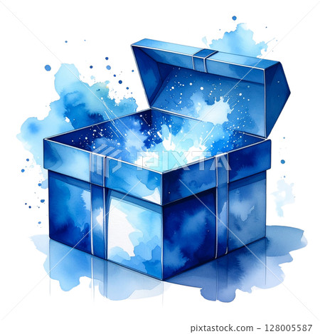 Blue gift box on an abstract blue background: a 3D cube paper package illustration, perfect for Christmas or business concepts Blue gift box on an abstract blue background: a 3D cube paper package illustration, perfect for Christmas or business concepts 128005587