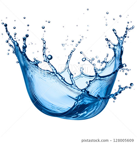 Blue water splash and clear liquid waves isolated on a white background, embodying abstract freshness and transparent flow Blue water splash and clear liquid waves isolated on a white background, embodying abstract freshness and transparent flow 128005609