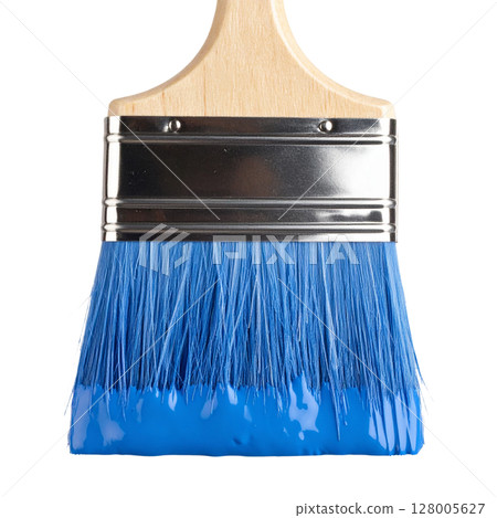 A clean, blue wooden paint brush with yellow bristles is isolated on a white background, ready for art or home painting work 128005627