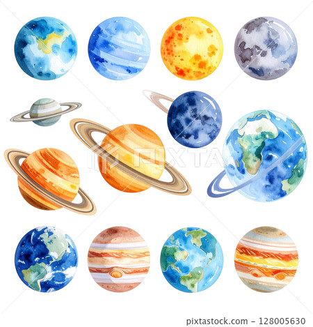 Blue planet earth globes and moon vector icon set for global business illustration Blue planet earth globes and moon vector icon set for global business illustration 128005630