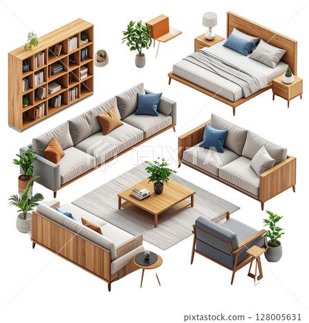 Modern interior design for a living room with wooden furniture, a stylish home office, and architectural elements Modern interior design for a living room with wooden furniture, a stylish home office, and architectural elements 128005631