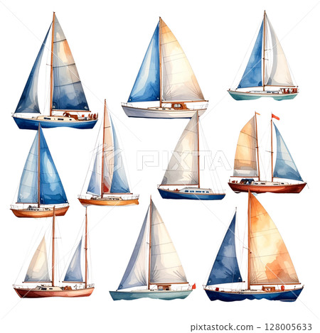 Isolated white background sailing ship set featuring a classic regatta vessel with a mast and sails Isolated white background sailing ship set featuring a classic regatta vessel with a mast and sails 128005633