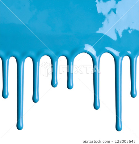 Blue paint and water splashes drip on a white background, creating a colorful and artistic fluid design 128005645