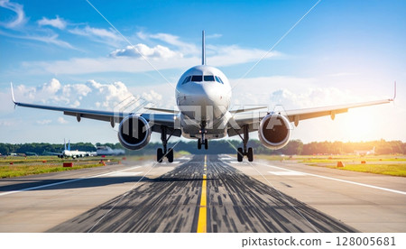 An aircraft on the airport runway, ready for flight and air travel 128005681