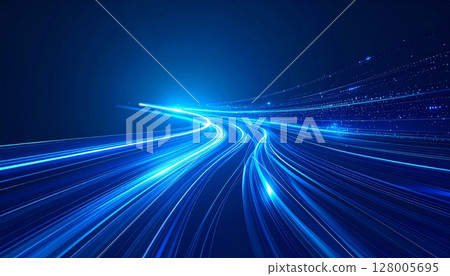 Abstract blue background with rays and blurred motion of cars on a night highway, evoking fast-paced urban travel 128005695