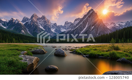 A natural view with a river and high mountains as a background during twilight. 128005740