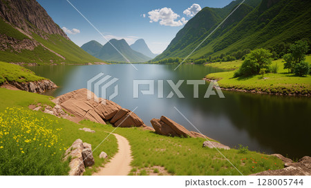 Landscape of grassland and lake with high mountains and sky in the background. 128005744