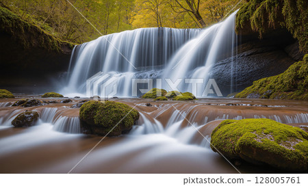 Beautiful waterfall in the mossy rainforest. The forest is full of green trees. 128005761