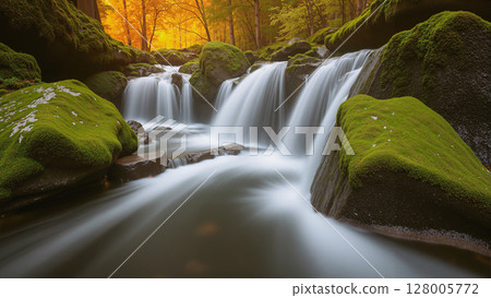 Beautiful waterfall in the forest. Twilight with sunlight. Beautiful waterfall in the forest. Twilight with sunlight. 128005772