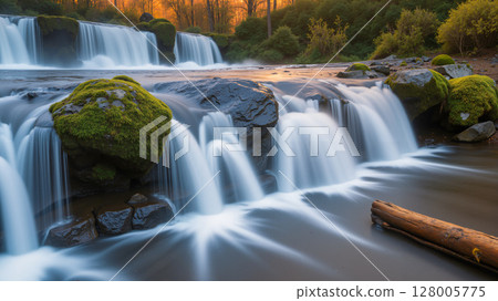 Beautiful waterfall in the forest. Twilight with sunlight. 128005775