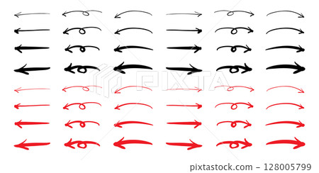 Set of handwritten arrows with a pen pointing right and left, black and red, vector 128005799