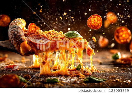 Juicy Pepperoni Pizza Slice with Stretching Cheese Juicy Pepperoni Pizza Slice with Stretching Cheese 128005829