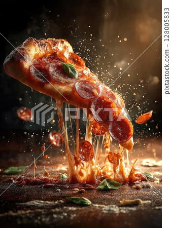 Juicy Pepperoni Pizza Slice with Stretching Cheese Juicy Pepperoni Pizza Slice with Stretching Cheese 128005833