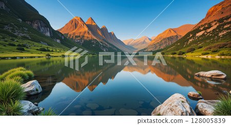 Beautiful landscape with a river in the foreground and high mountains in the background hit by sunlight. 128005839