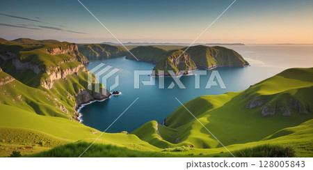 A hill full of green grass with a lake at the bottom and a background of mountains, sky and sunlight. 128005843