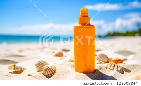 Beach suntan lotion with seashells and a towel for summer sun care and beauty 128005844