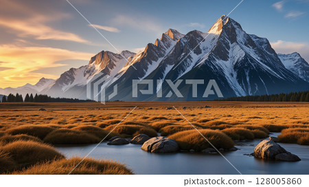 Evening scenery, brown grassland and river, with high mountains and sky in the background. 128005860