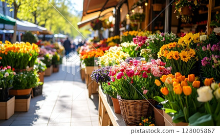 Colorful tulip blooms in a vibrant spring garden Colorful tulip blooms in a vibrant spring garden 128005867