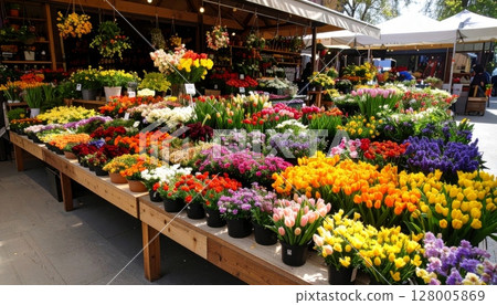 Colorful tulip blooms in a vibrant spring garden 128005869