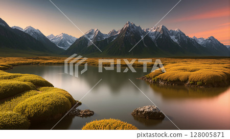 A natural view with a river and high mountains as a background during twilight. 128005871