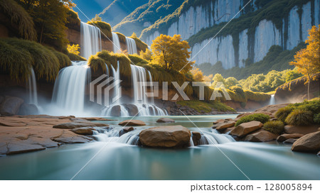 Beautiful waterfall in the mossy rainforest. The forest is full of green trees. 128005894