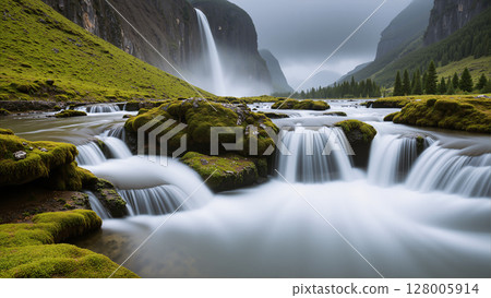 Beautiful waterfall in the mossy rainforest. The forest is full of green trees. 128005914