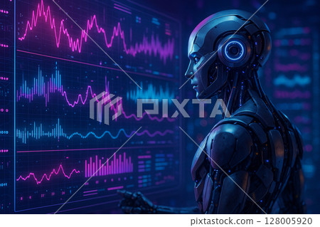 AI generated image of a humanoid robot analyzing digital charts and data streams in a high tech command center filled with glowing neon interfaces and futuristic signals 128005920