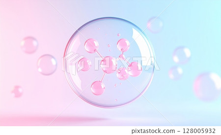 Shiny pink soap bubbles float on a light background 128005932