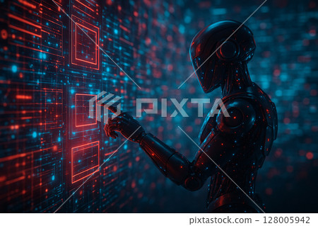 AI generated futuristic image of an intelligent android interacting with a 3D holographic interface in high tech data center environment symbolizing AI control precision and digital network management 128005942