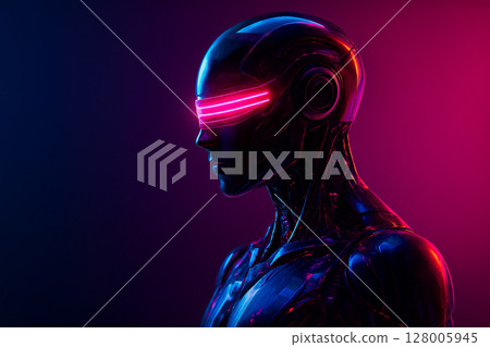 AI generated image of a humanoid android with glowing pink visor analyzing data in a futuristic sci-fi environment with dark neon lighting and abstract circuits 128005945