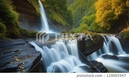 Beautiful waterfall in the forest. Twilight with sunlight. 128005947