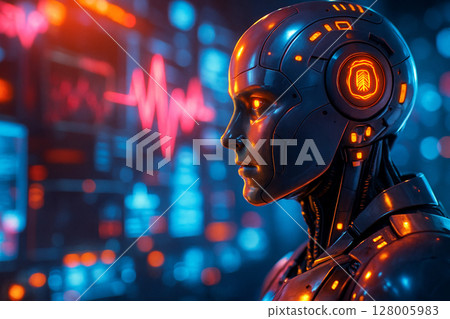 AI generated image of a cybernetic android in a digital command center illuminated by neon lights, focusing with precision on data interfaces in a sci-fi environment. 128005983