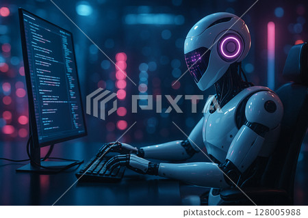 AI generated image of a humanoid android robot typing on a keyboard and analyzing real time code on a glowing digital monitor in a futuristic data center environment 128005988
