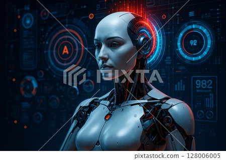 AI generated humanoid robot with illuminated neural interface interacting in a virtual data environment using futuristic holographic technology 128006005
