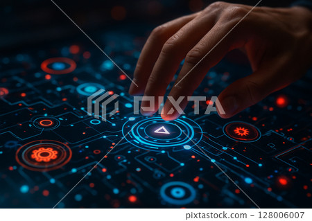 AI generated image of a human hand touching a glowing digital command interface with neon red and blue icons in a sci fi control environment 128006007