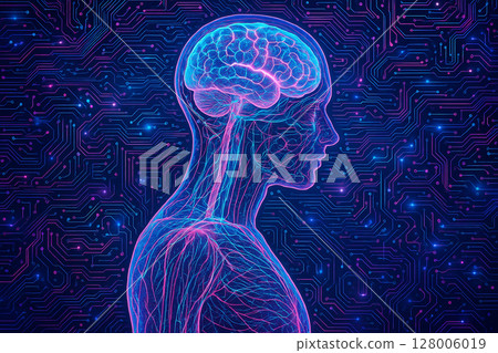 AI generated digital profile of a transparent human body showing glowing brain and neural pathways integrated with a vibrant electronic circuit board background 128006019