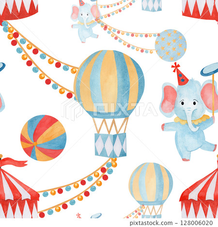 Seamless pattern watercolor hand drawn cartoon circus elephant juggler, tent and balloon on white background. For childish fabric, wallpaper nursery, birthday cards, invitations, scrapbook 128006020