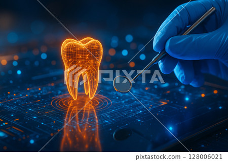 AI generated 3D holographic tooth glowing in orange examined with dental mirror on a futuristic digital surface combining precision health diagnostics and smart nano technology AI generated 3D holographic tooth glowing in orange examined with dental mirror on a futuristic digital surface combining precision health diagnostics and smart nano technology 128006021