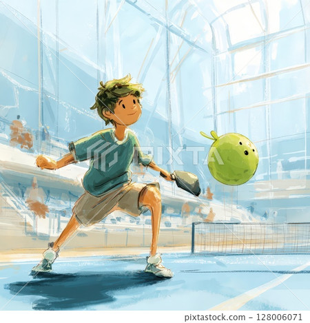 Young Player Engaged in Pickleball Match in Indoor Court 128006071