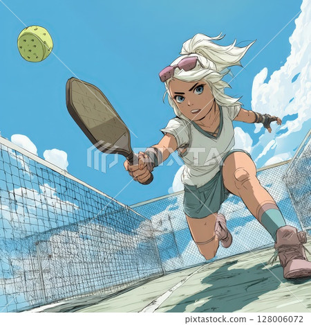 Animated Woman Playing Pickleball with Powerful Swing 128006072