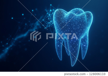 AI generated conceptual image of a translucent holographic tooth formed by glowing nodes and digital connections representing futuristic dental diagnostics and nanotech integration in oral care AI generated conceptual image of a translucent holographic tooth formed by glowing nodes and digital connections representing futuristic dental diagnostics and nanotech integration in oral care 128006110