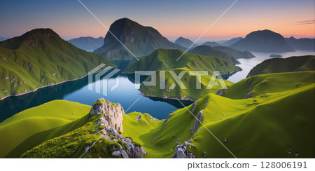 A hill full of green grass with a lake at the bottom and a background of mountains, sky and sunlight. 128006191