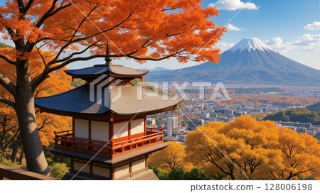 Japanese style building in autumn with Mt. Fuji in the background. 128006198