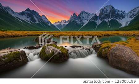 A natural view with a river and high mountains as a background during twilight. 128006199