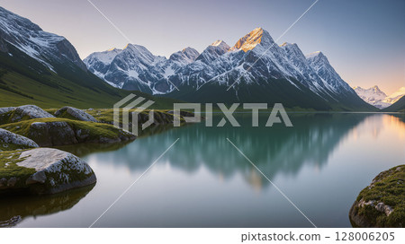 View of the lake at dusk with tall mountains in the background. 128006205