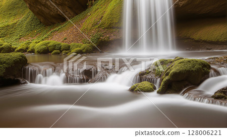 Beautiful waterfall in the mossy rainforest. The forest is full of green trees. 128006221
