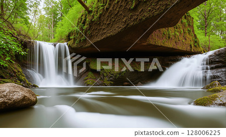 Beautiful waterfall in the mossy rainforest. The forest is full of green trees. Beautiful waterfall in the mossy rainforest. The forest is full of green trees. 128006225