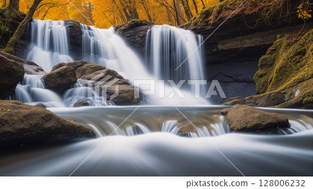 Beautiful waterfall in the forest. Twilight with sunlight. 128006232