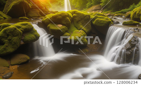 Beautiful waterfall in the forest. Twilight with sunlight. Beautiful waterfall in the forest. Twilight with sunlight. 128006234